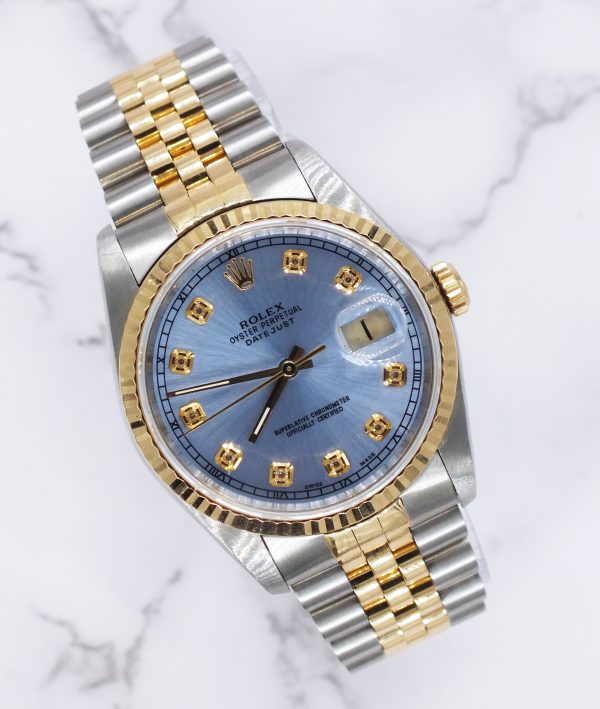 Gents Steel & Gold Rolex Datejust 16233 Sky Blue Diamond Dial with Box & Papers.