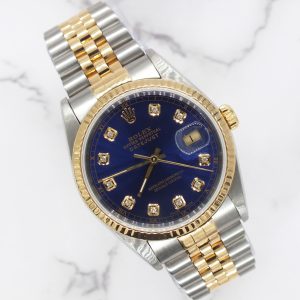 Gents Steel & Gold Rolex Datejust 16233 Blue Diamond Dial with Box and Papers.