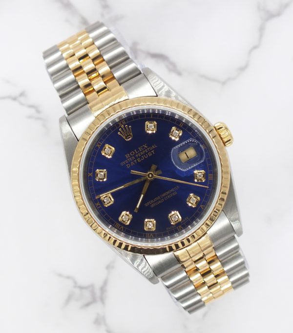 Gents Steel & Gold Rolex Datejust 16233 Blue Diamond Dial with Box and Papers.
