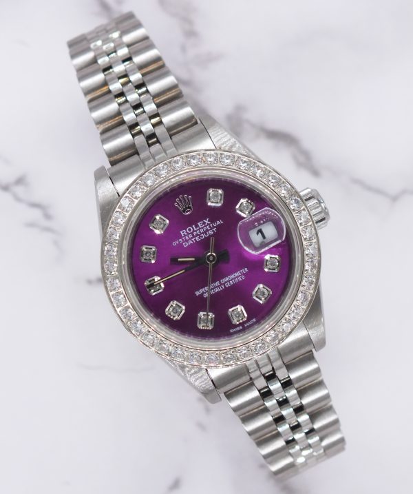 Ladies Rolex Datejust with PURPLE Diamond Dial & Bezel - Box and Papers