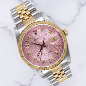 Gents Rolex Datejust 36mm with PINK Jubilee Diamond Dial - Box and Papers.