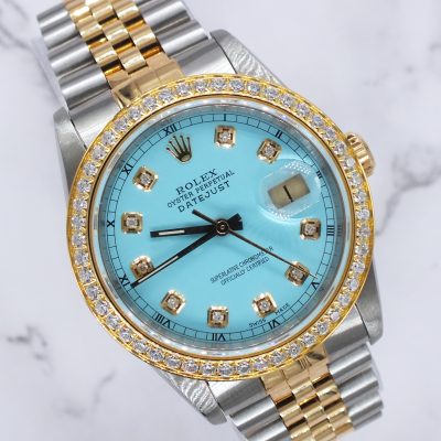 Men's Steel & Gold Rolex Datejust 16233, Tiffany Blue Diamond Dial and Bezel - Box & Papers.