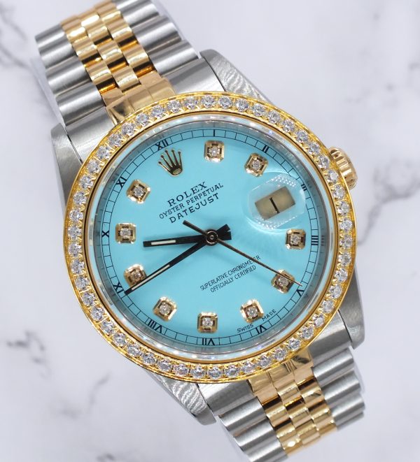 Men's Steel & Gold Rolex Datejust 16233, Tiffany Blue Diamond Dial and Bezel - Box & Papers.