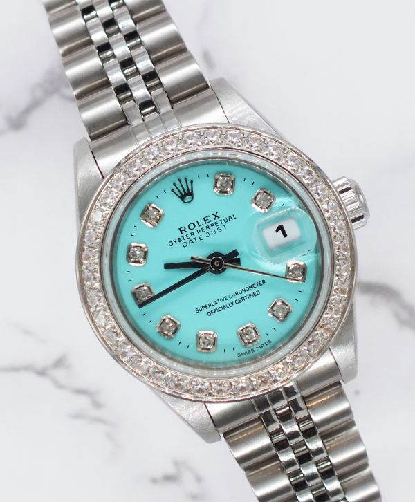 Ladies Steel & White Gold Rolex Datejust - Tiffany BLUE Diamond Dial & Bezel - Box / Papers.