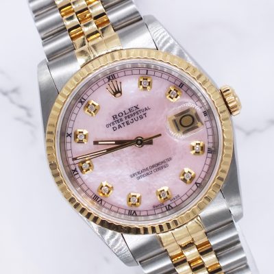 MINT Gents Steel & Gold Rolex Datejust Pink MOP Diamond Dial with Box & Papers.