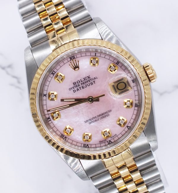 MINT Gents Steel & Gold Rolex Datejust Pink MOP Diamond Dial with Box & Papers.
