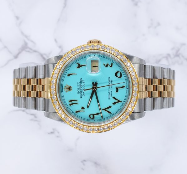 Men's Steel & Gold Rolex Datejust 16233, Tiffany Blue Arabic Dial and Bezel. Box and Papers. - Image 2