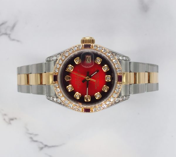 Ladies Rolex Datejust in Steel & Gold with Red Diamond Dial, Bezel & Shoulders. - Image 2