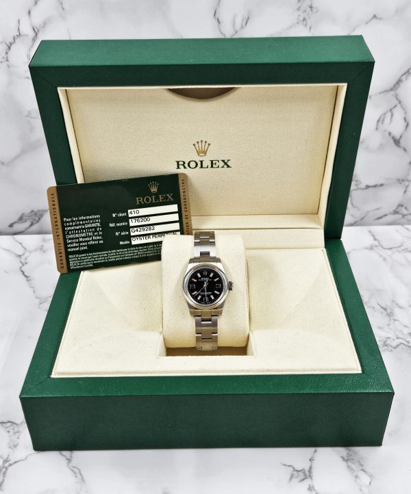 Rolex Oyster Perpetual Black & Pink Dial 176200 with Box and Papers 2012 (Card).