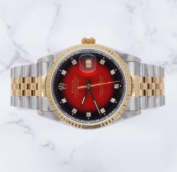Gents Rolex Datejust in Steel & Gold - Factory Red Vignette Diamond Dial - Box and Papers. - Image 2