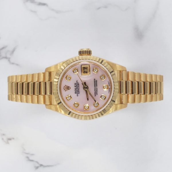 MINT Ladies 18ct Gold Rolex Datejust - PINK MOP Diamond Dial - Box & Papers - Image 2