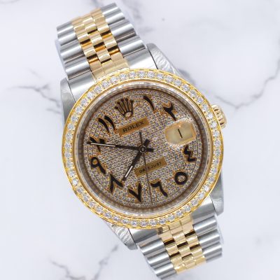 Gents Rolex Datejust in Steel & Gold with Pave Arabic Dial and Diamond Bezel