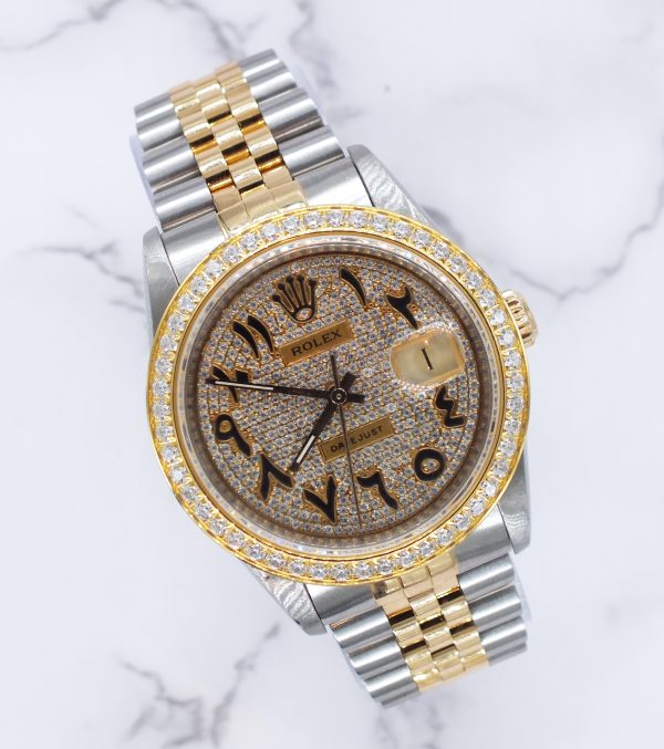 Gents Rolex Datejust in Steel & Gold with Pave Arabic Dial and Diamond Bezel