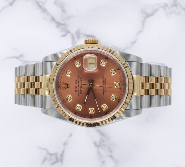 Gents Rolex Datejust in Steel & Gold with Salmon Diamond Dial - Box and Papers - Image 2