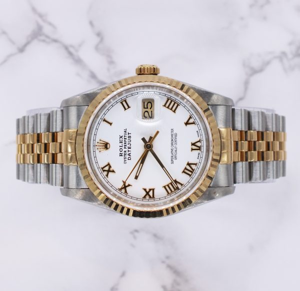 Gents Steel & 18k Gold Rolex Datejust with White Roman Numeral Dial, Box & Paper - Image 2