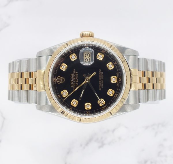 Gents Steel & Gold Rolex Datejust 16233 Black Diamond Dial with Box and Papers. - Image 2