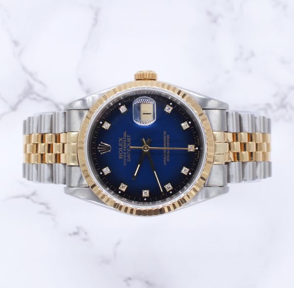 Mens Steel & Gold Rolex Datejust with Factory Blue Vignette Diamond Dial - Box and Papers. - Image 2