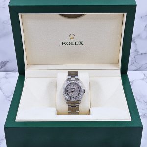 Ladies Rolex Oyster Perpetual 31mm with Pave Diamond Dial, Bezel & Shoulders.