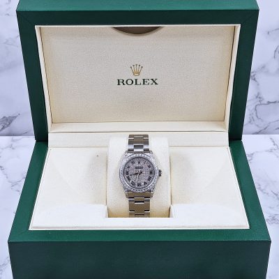 Ladies Rolex Oyster Perpetual 31mm with Pave Diamond Dial, Bezel & Shoulders.