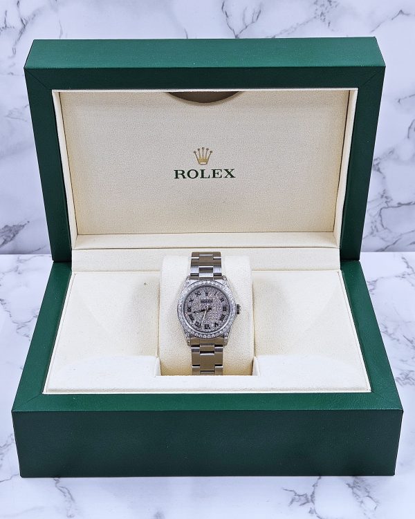 Ladies Rolex Oyster Perpetual 31mm with Pave Diamond Dial, Bezel & Shoulders.