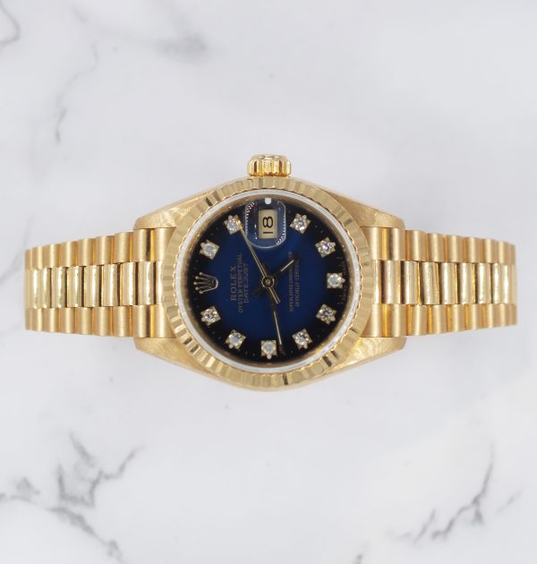 RARE Ladies 18ct Gold Rolex Datejust - Blue Vignette Diamond Dial - Box & Papers.