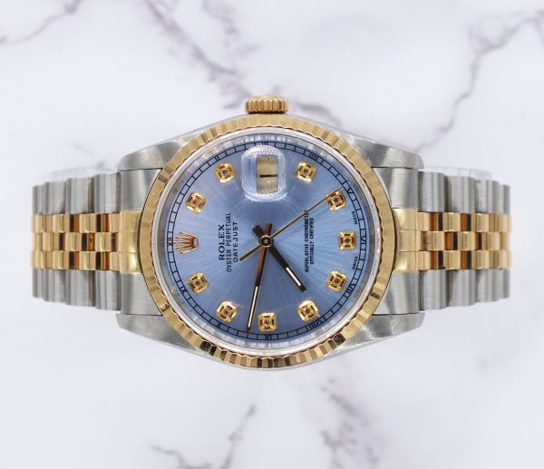 Gents Steel & Gold Rolex Datejust 16233 Sky Blue Diamond Dial with Box & Papers. - Image 2