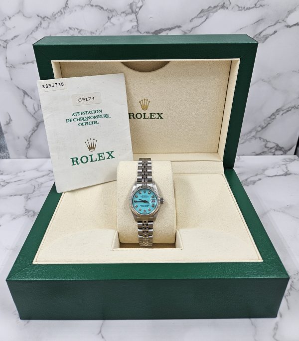 Ladies Rolex Datejust 26mm in Steel and Gold - Tiffany Blue Diamond Dial – Box & Papers. - Image 8