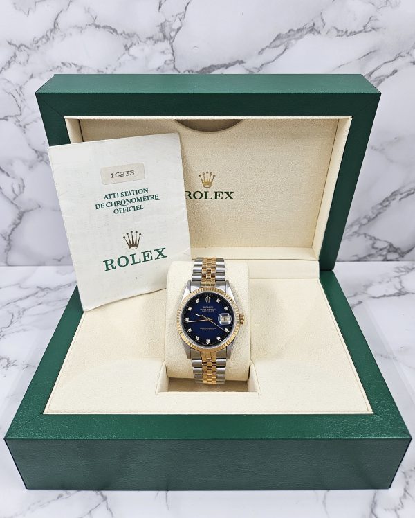 Mens Steel & Gold Rolex Datejust with Factory Blue Vignette Diamond Dial - Box and Papers. - Image 6