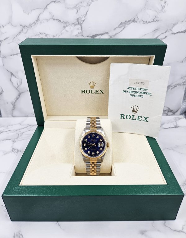 Gents Steel & Gold Rolex Datejust 16233 Blue Diamond Dial with Box and Papers. - Image 8