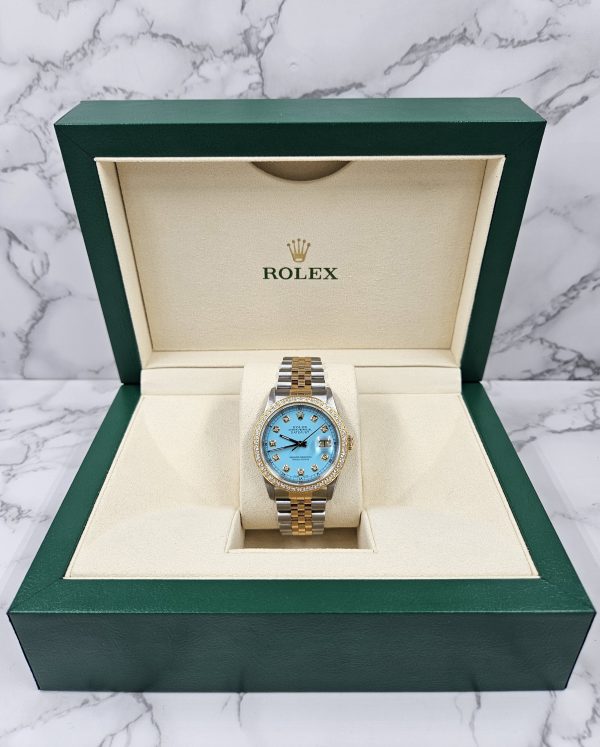 Men's Steel & Gold Rolex Datejust 16233, Tiffany Blue Diamond Dial and Bezel - Box & Papers. - Image 8