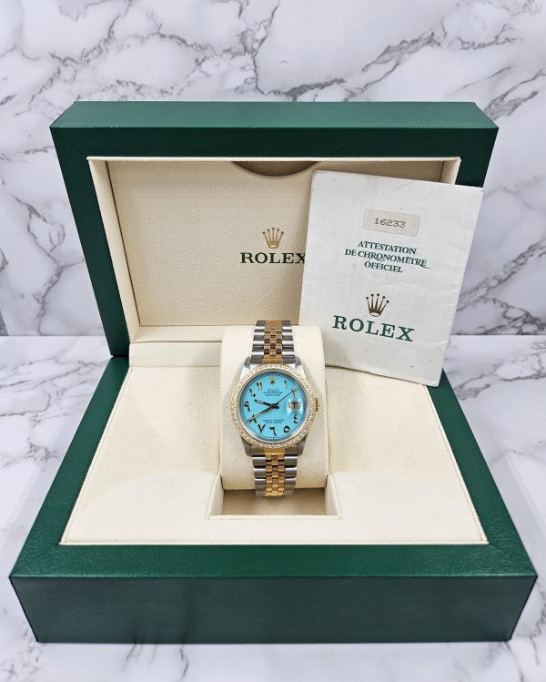 Men's Steel & Gold Rolex Datejust 16233, Tiffany Blue Arabic Dial and Bezel. Box and Papers. - Image 7