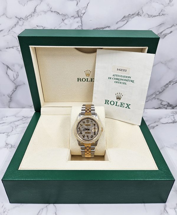 Gents Rolex Datejust in Steel & Gold with Pave Arabic Dial and Diamond Bezel - Image 7