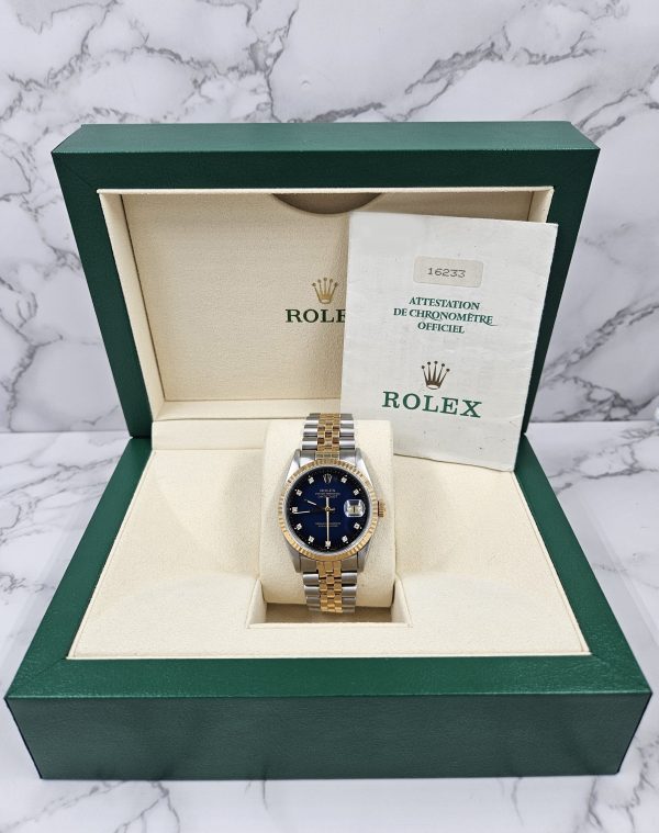 Mens Steel & Gold Rolex Datejust with Factory Blue Vignette Diamond Dial - Box and Papers. - Image 7