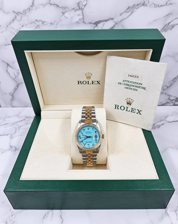 Gents Steel & Gold Rolex Datejust with Tiffany Blue Arabic Dial - Box & Papers. - Image 9