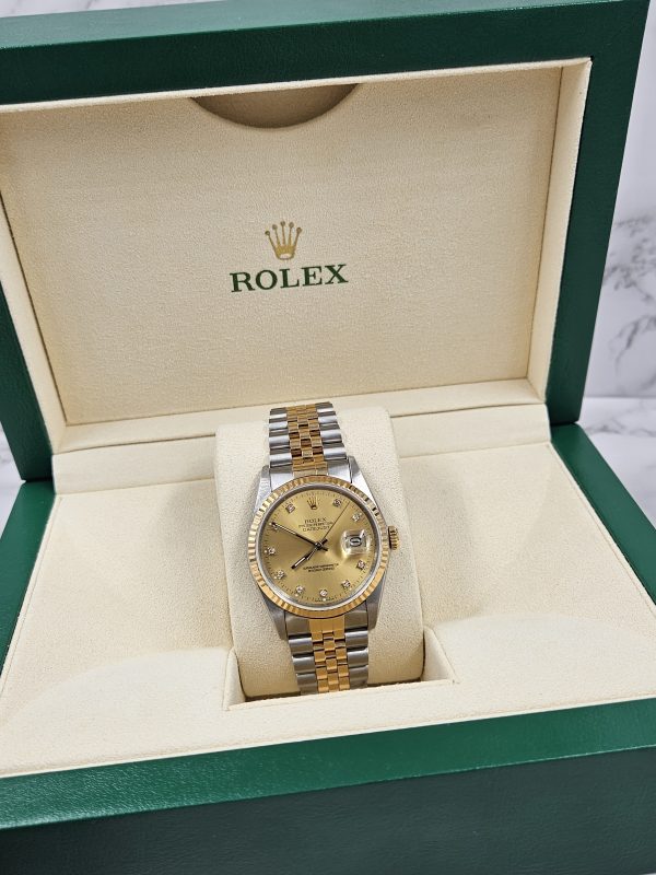 MINT Mens Rolex Datejust in Steel & Gold - Factory Diamond Dial - Box and Papers
