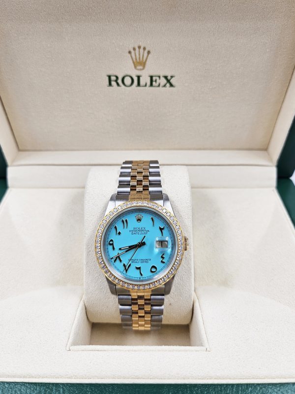 Men's Steel & Gold Rolex Datejust 16233, Tiffany Blue Arabic Dial and Bezel. Box and Papers. - Image 8