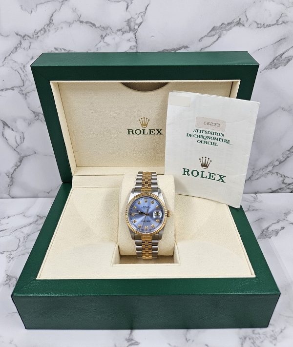 Gents Steel & Gold Rolex Datejust 16233 Sky Blue Diamond Dial with Box & Papers. - Image 8