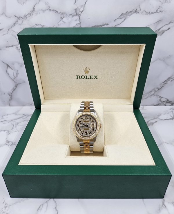 Gents Rolex Datejust in Steel & Gold with Pave Arabic Dial and Diamond Bezel - Image 8