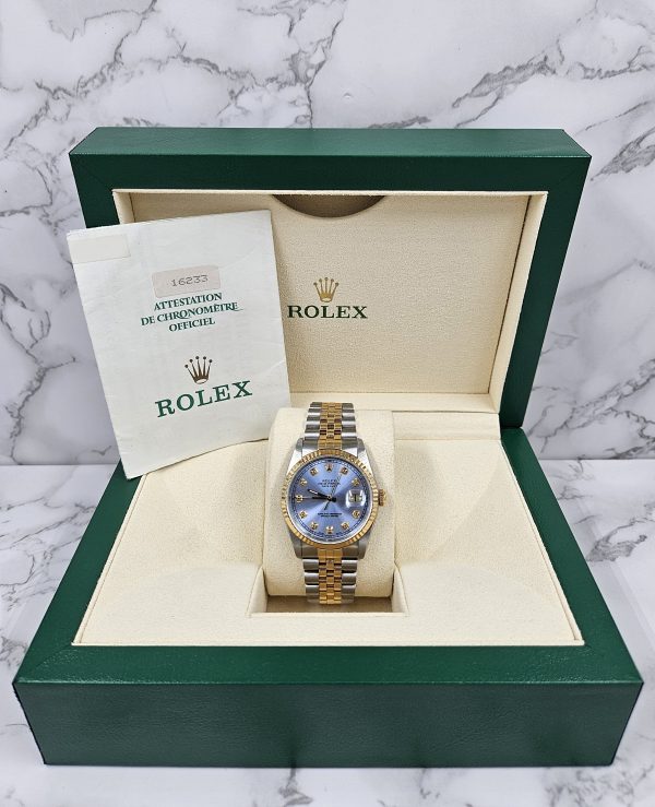 Gents Steel & Gold Rolex Datejust 16233 Sky Blue Diamond Dial with Box & Papers. - Image 9