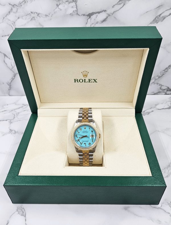 Men's Steel & Gold Rolex Datejust 16233, Tiffany Blue Arabic Dial and Bezel. Box and Papers. - Image 10