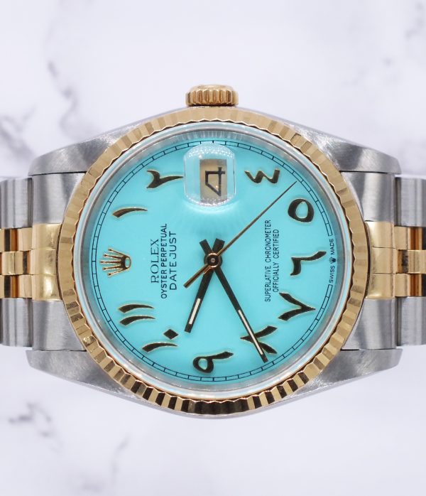 Gents Steel & Gold Rolex Datejust with Tiffany Blue Arabic Dial - Box & Papers. - Image 3