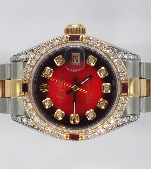 Ladies Rolex Datejust in Steel & Gold with Red Diamond Dial, Bezel & Shoulders. - Image 3