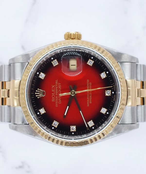 Gents Rolex Datejust in Steel & Gold - Factory Red Vignette Diamond Dial - Box and Papers. - Image 3
