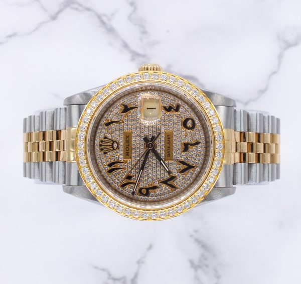 Gents Rolex Datejust in Steel & Gold with Pave Arabic Dial and Diamond Bezel - Image 2