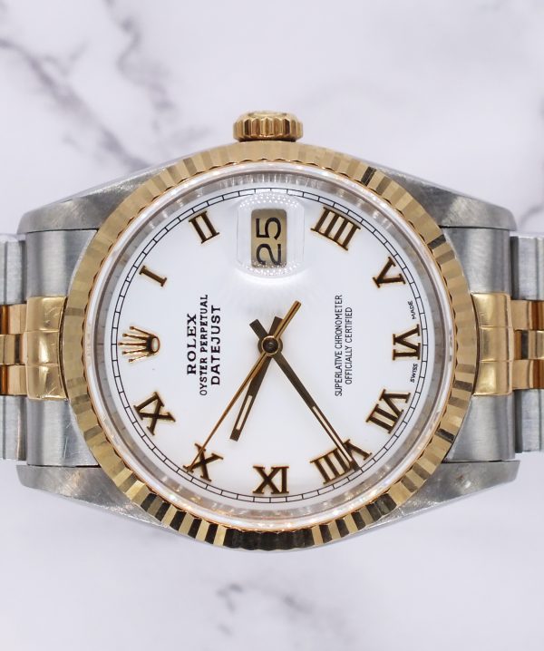 Gents Steel & 18k Gold Rolex Datejust with White Roman Numeral Dial, Box & Paper - Image 3