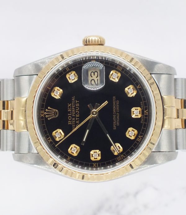 Gents Steel & Gold Rolex Datejust 16233 Black Diamond Dial with Box and Papers. - Image 3