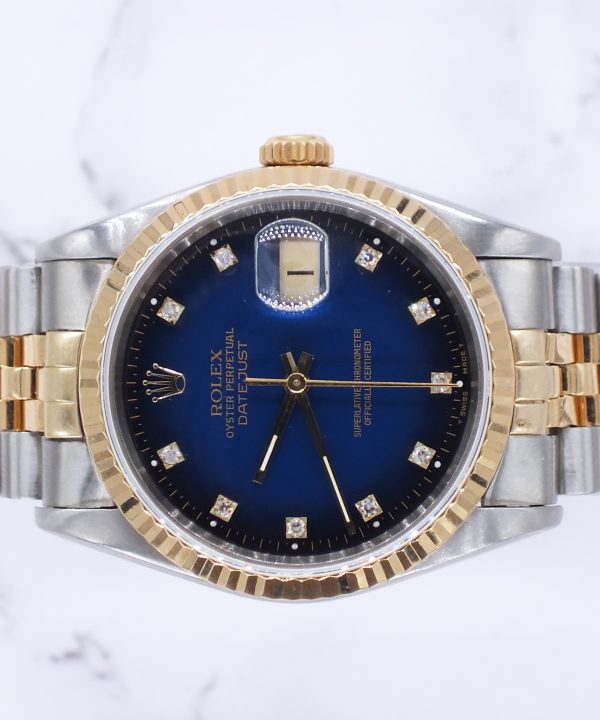 Mens Steel & Gold Rolex Datejust with Factory Blue Vignette Diamond Dial - Box and Papers. - Image 3