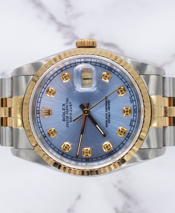 Gents Steel & Gold Rolex Datejust 16233 Sky Blue Diamond Dial with Box & Papers. - Image 3