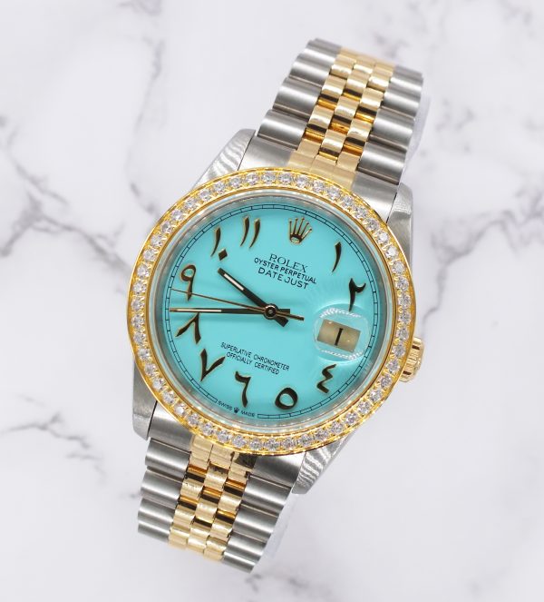 Men's Steel & Gold Rolex Datejust 16233, Tiffany Blue Arabic Dial and Bezel. Box and Papers. - Image 4
