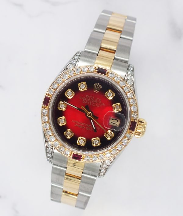Ladies Rolex Datejust in Steel & Gold with Red Diamond Dial, Bezel & Shoulders. - Image 4